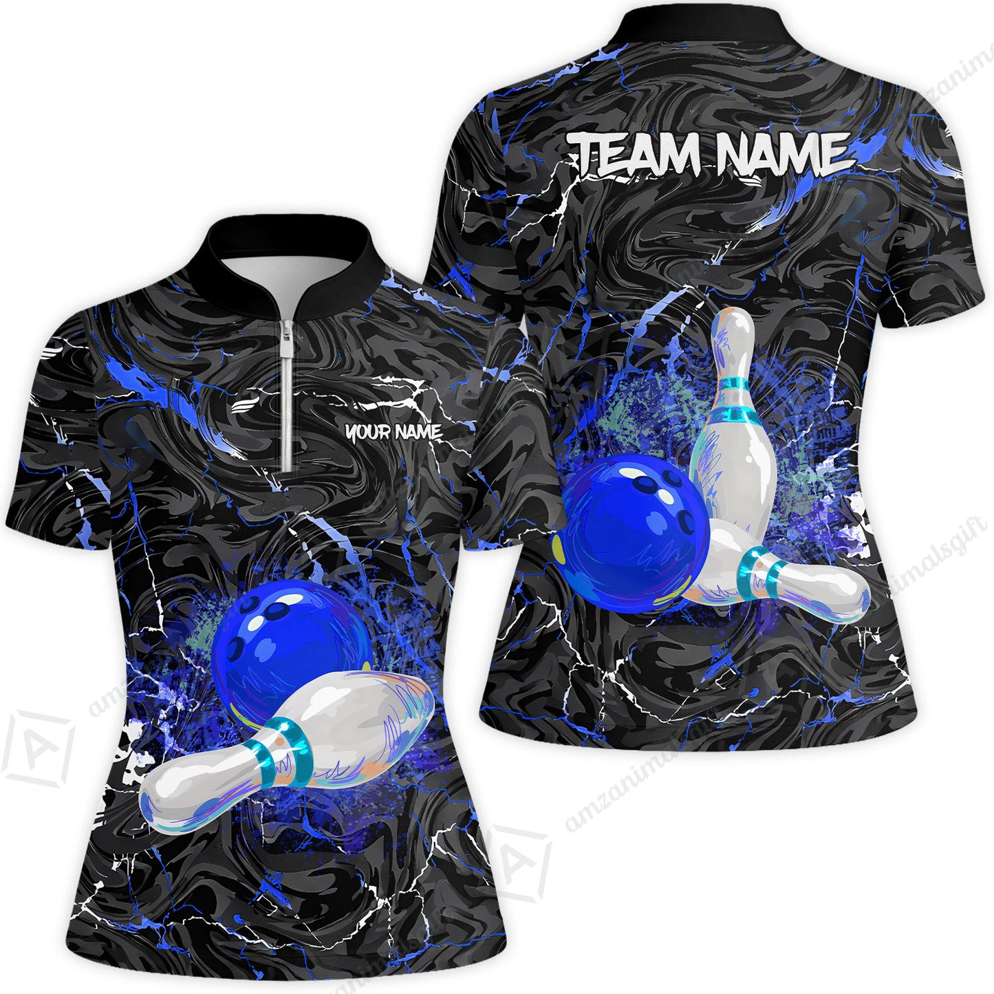 Customized Bowling Unisex Polo Shirt, Swirling Marbled Pattern Vibrant Veins, Bowling Uniforms, Personalized Name And Team Name