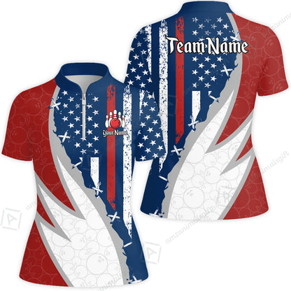 Custom Bowling Jersey Polo Shirt, Thin Red Line With Vintage Distressed American Flag, Personalize Name and Team Name