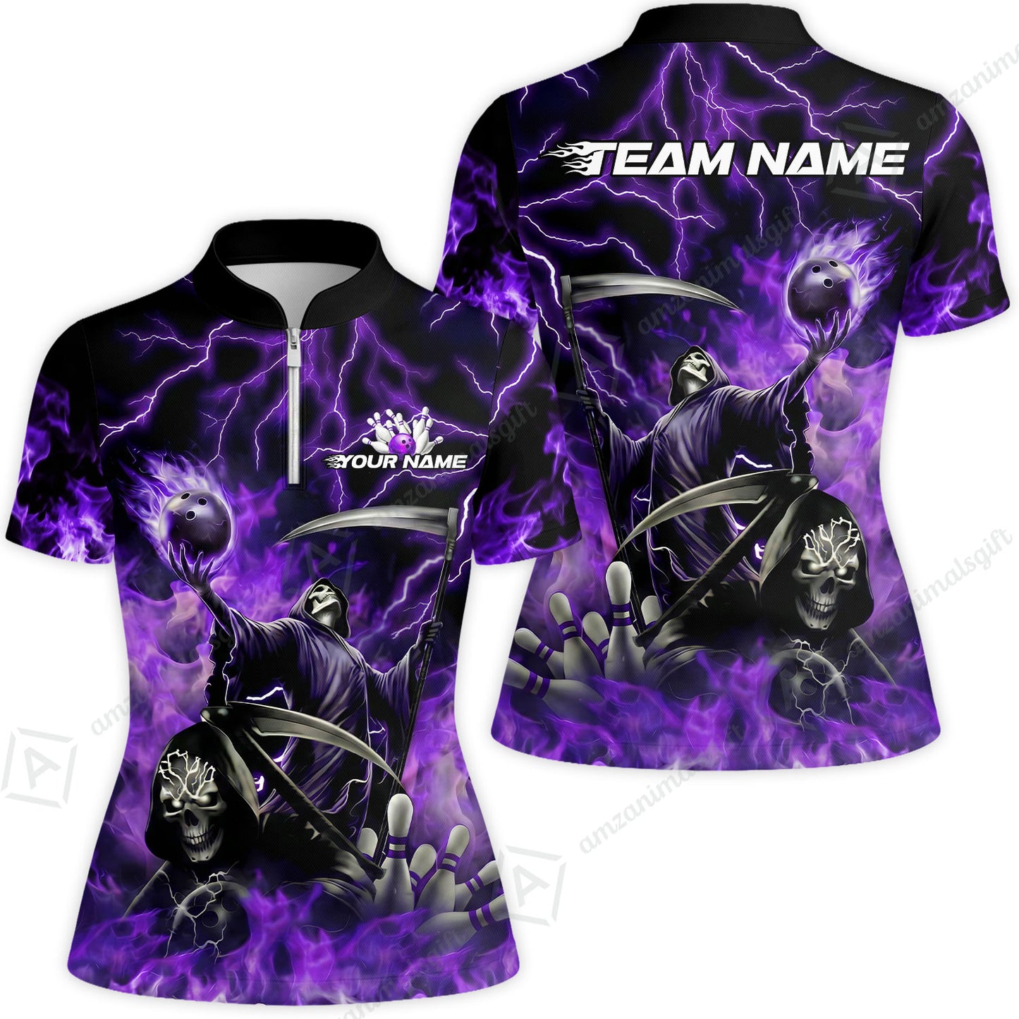 Custom Bowling Team Quarter-Zip Polo Shirt, Grim Reaper Skull With Flame Bowling Lightning Design for Bowlers, Personalized Shirt with Name and Team Name