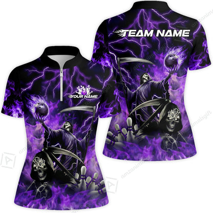 Custom Bowling Team Quarter-Zip Polo Shirt, Grim Reaper Skull With Flame Bowling Lightning Design for Bowlers, Personalized Shirt with Name and Team Name