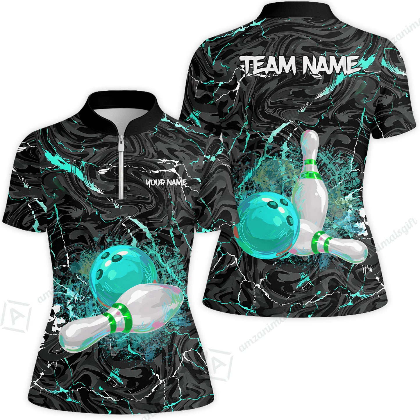 Customized Bowling Unisex Polo Shirt, Swirling Marbled Pattern Vibrant Veins, Bowling Uniforms, Personalized Name And Team Name