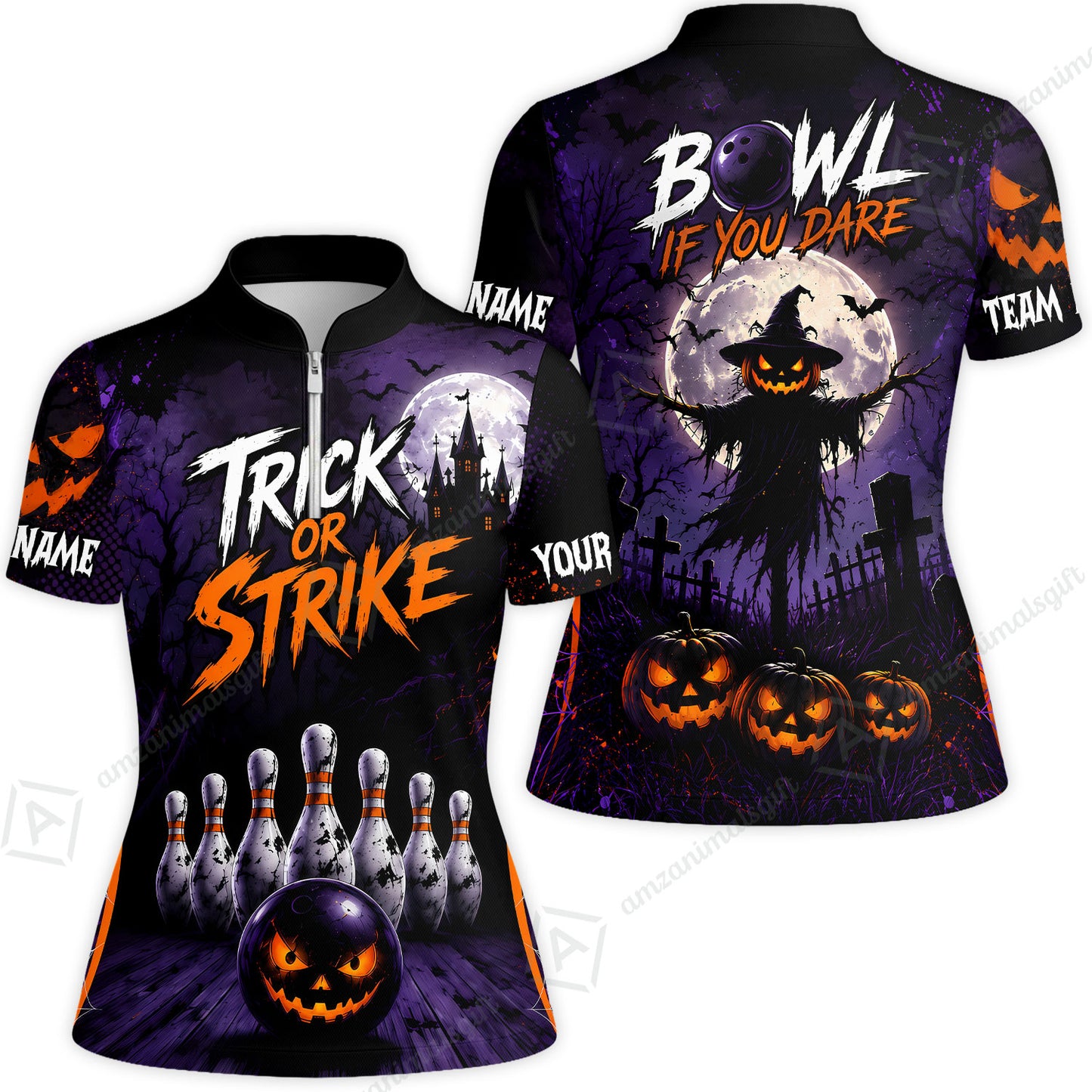 Customized Bowling Shirt, Bowl If You Dare Trick Or Strike, Personalized Polo Shirt For Players With Name & Team Name