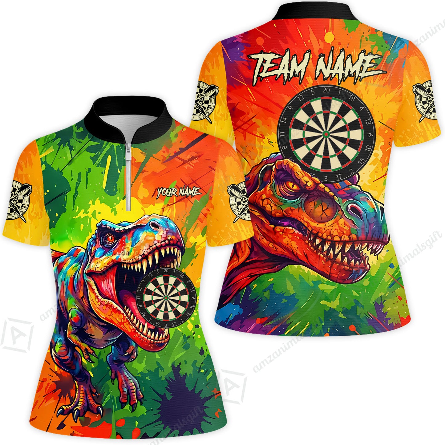 Custom Darts Jersey Polo Shirt, Colorful Splatter T-Rex Dino, Custom Dart Jersey Team Shirt For Players With Name & Team Name