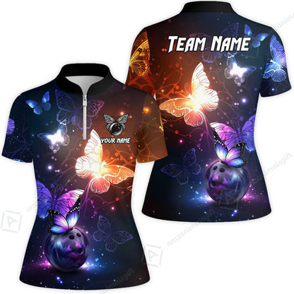 Custom Bowling Jersey Polo Shirt, Magical Glowing Butterfly Galaxy Pattern, Custom Bowling Jersey Team Shirt For Players With Name & Team Name