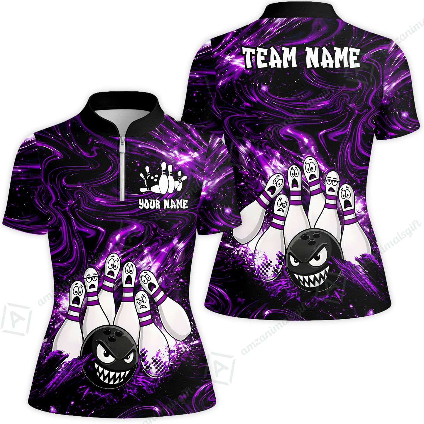 Customized Bowling Unisex Polo Shirt, Bowling Angry Ball VS Screaming Pins, Personalized Name And Team Name