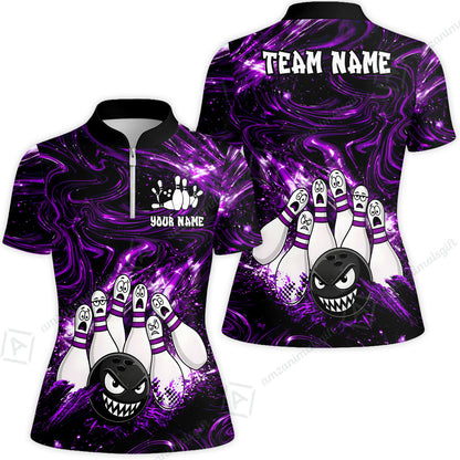 Customized Bowling Unisex Polo Shirt, Bowling Angry Ball VS Screaming Pins, Personalized Name And Team Name