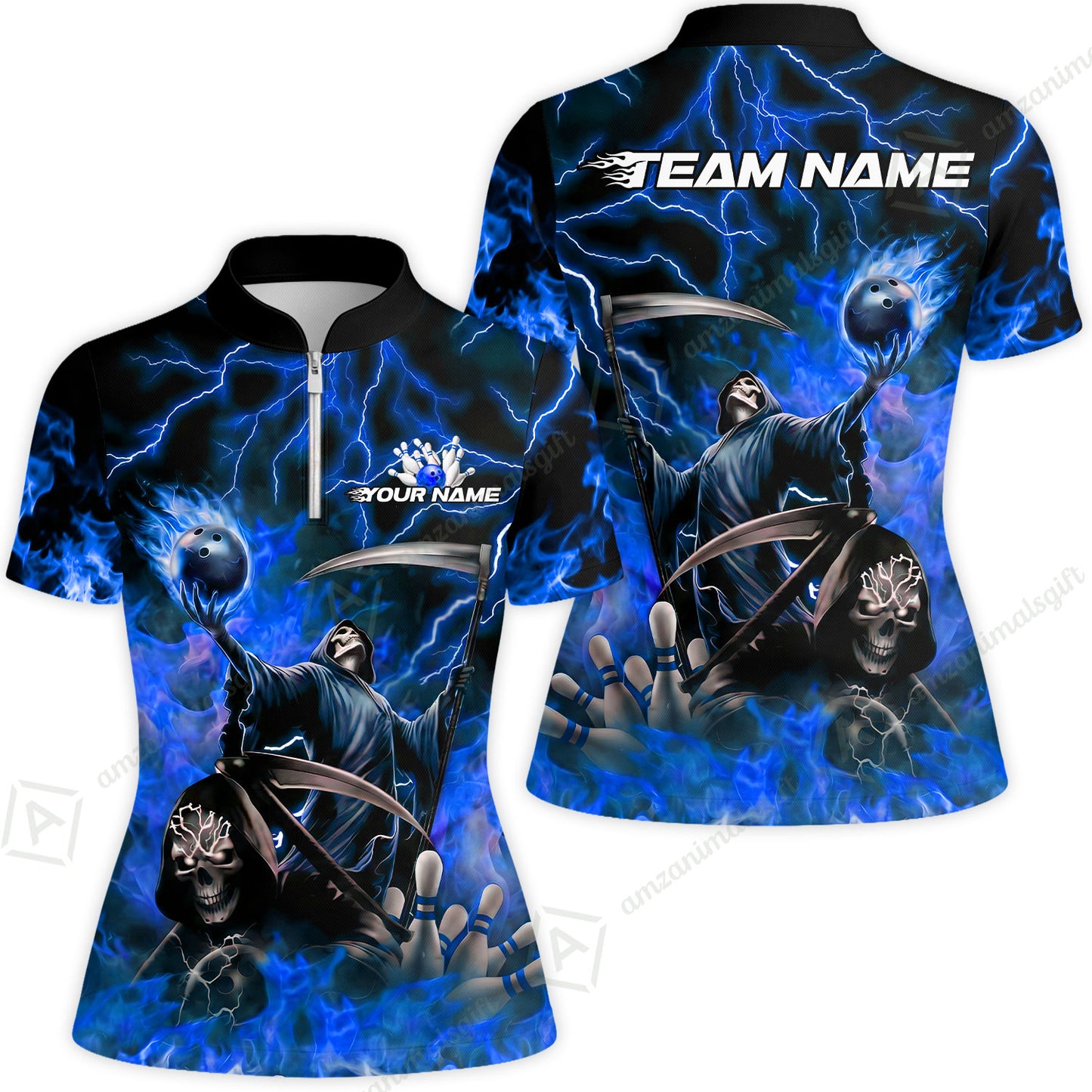 Custom Bowling Team Quarter-Zip Polo Shirt, Grim Reaper Skull With Flame Bowling Lightning Design for Bowlers, Personalized Shirt with Name and Team Name