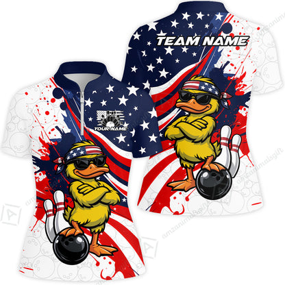 Custom Bowling Jersey Polo Shirt, Patriotic Cool Duckling Mascot, Custom Bowling Jersey Team Shirt For Players With Name and Team Name