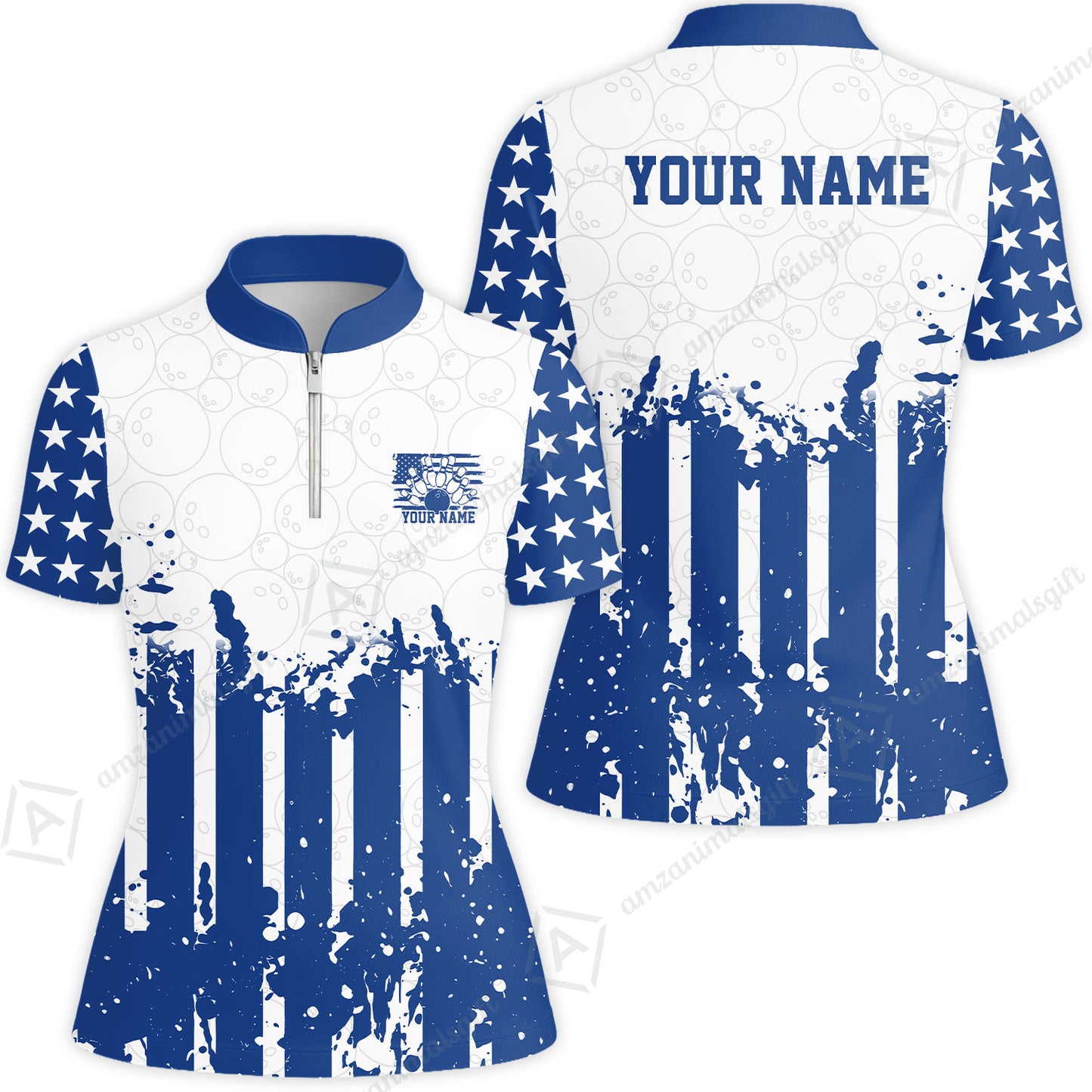 Custom Bowling Jersey Polo Shirt, Distressed Stars and Stripes Grunge, Custom Bowling Jersey Team Shirt For Players With Name and Team Name