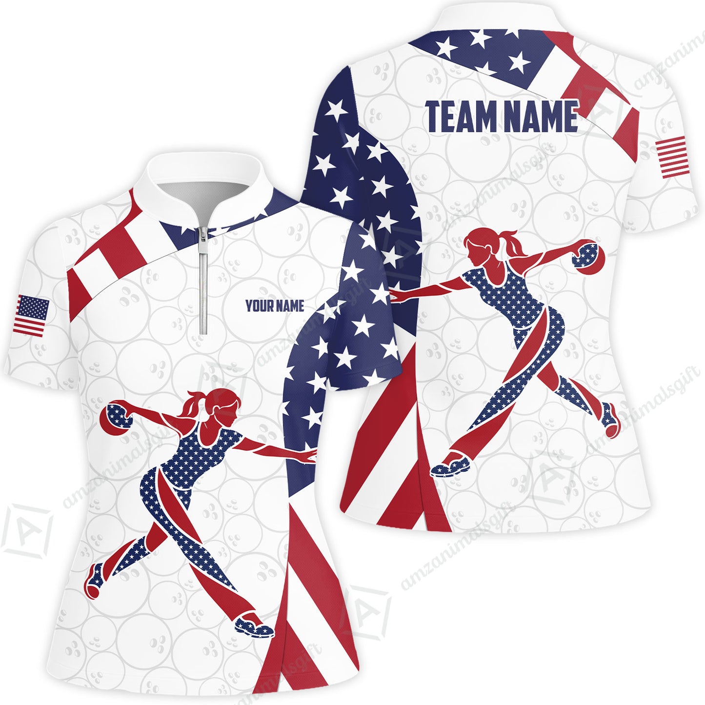 Custom Bowling Jersey Polo Shirt, Patriotic Bowler Silhouette Stars and Stripes, Custom Bowling Jersey Team Shirt For Players With Name and Team Name