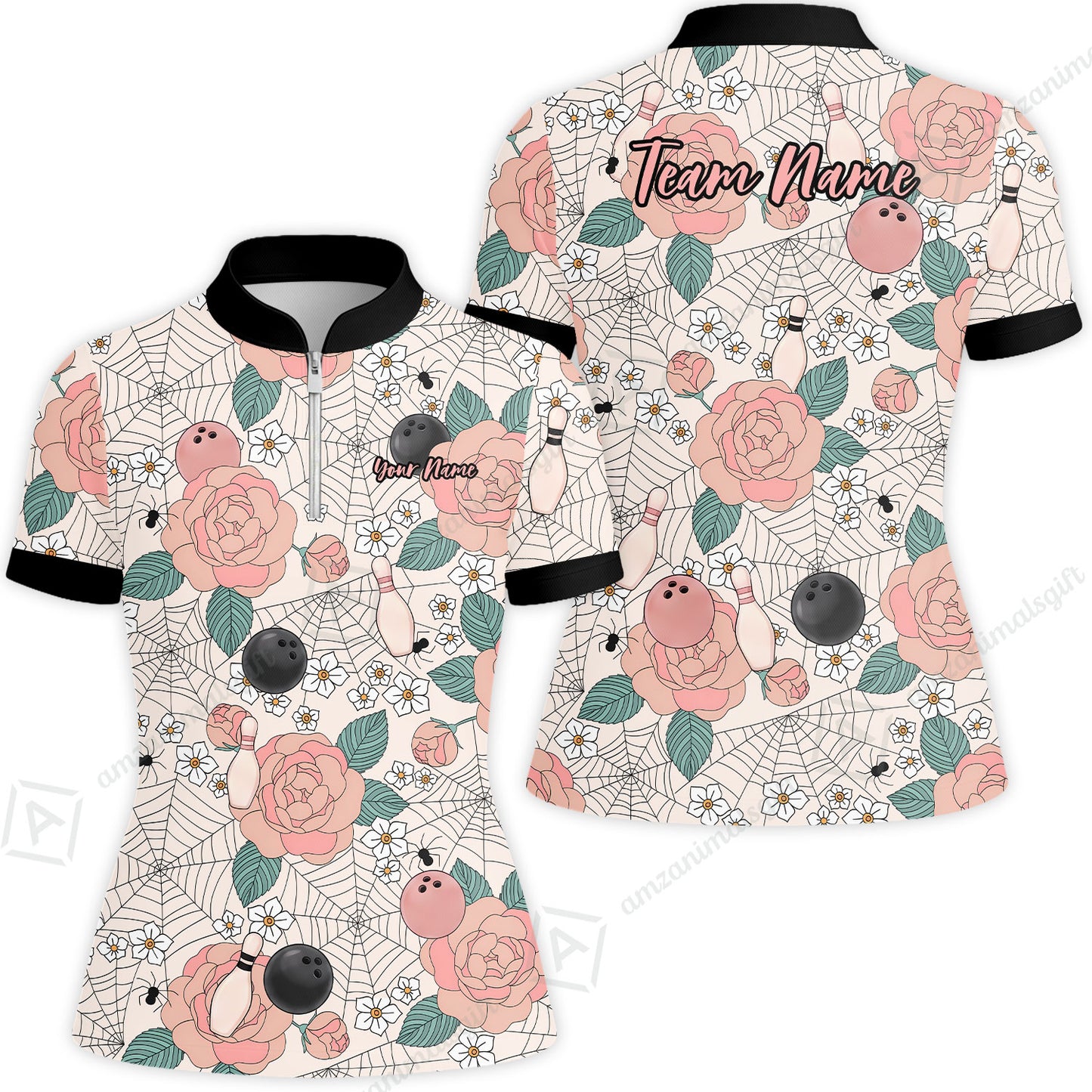 Custom Bowling Jersey Polo Shirt, Spider Flower Pattern Bowling, Personalized Name And Team Name