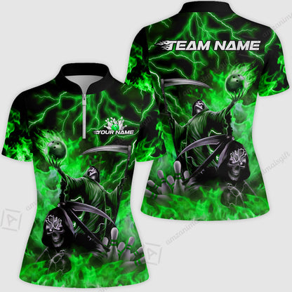 Custom Bowling Team Quarter-Zip Polo Shirt, Grim Reaper Skull With Flame Bowling Lightning Design for Bowlers, Personalized Shirt with Name and Team Name