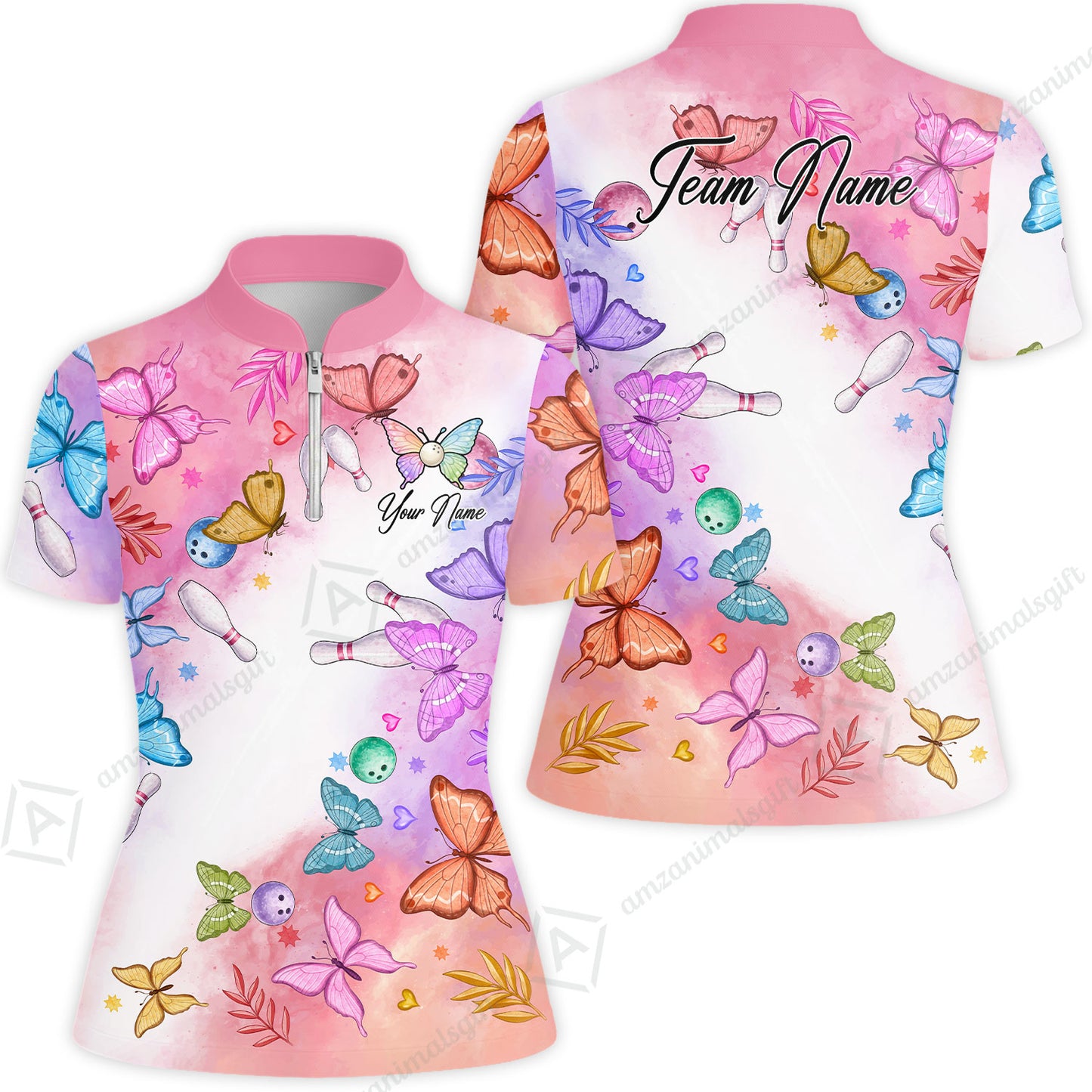 Custom Bowling Jersey Polo Shirt, Whimsical Butterfly Watercolor, Custom Bowling Jersey Team Shirt For Players With Name and Team Name