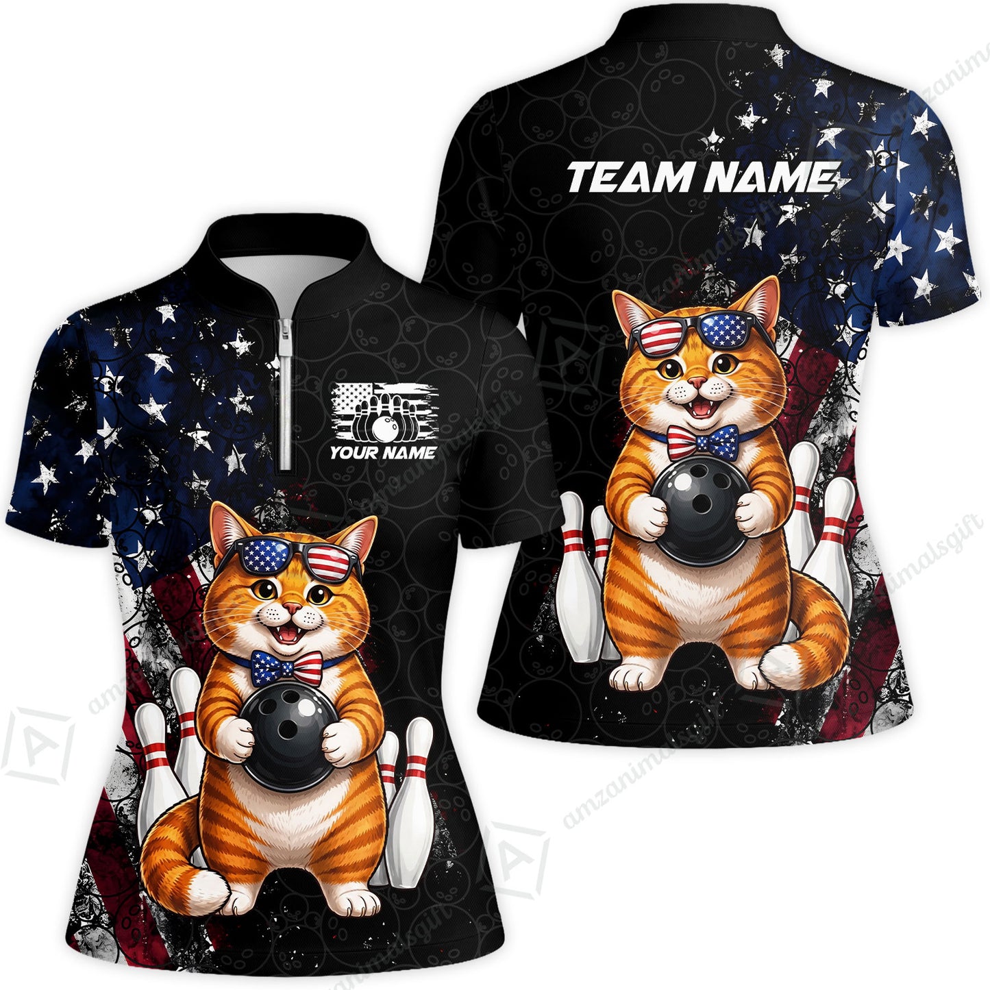 Custom Bowling Jersey Polo Shirt, Cat With Glasses And Bow Tie Bowling Pattern America Flag, Personalize Name and Team Name