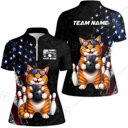 Custom Bowling Jersey Polo Shirt, Cat With Glasses And Bow Tie Bowling Pattern America Flag, Personalize Name and Team Name