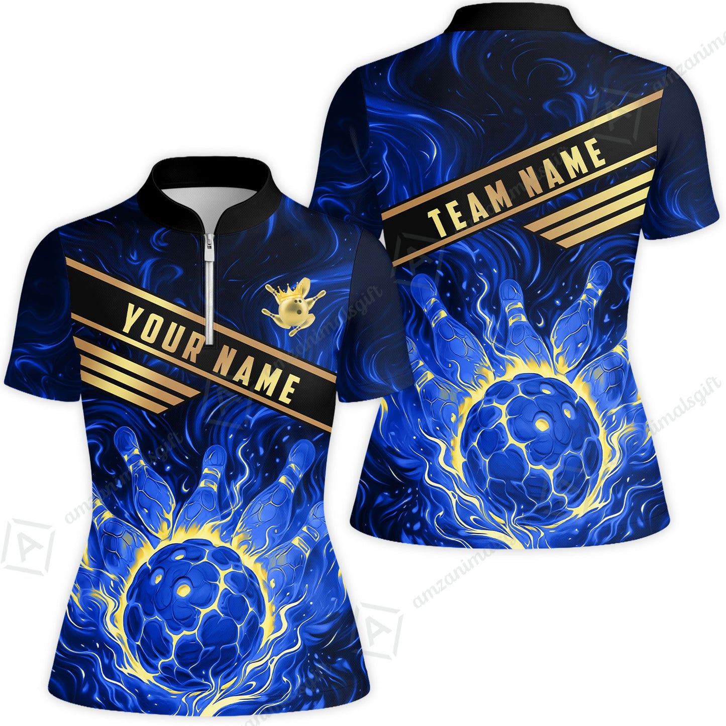 Custom Bowling Polo Shirt, Glowing Bowling Ball and Pins Custom Bowling Polo Team Shirt For Players With Name & Team Name