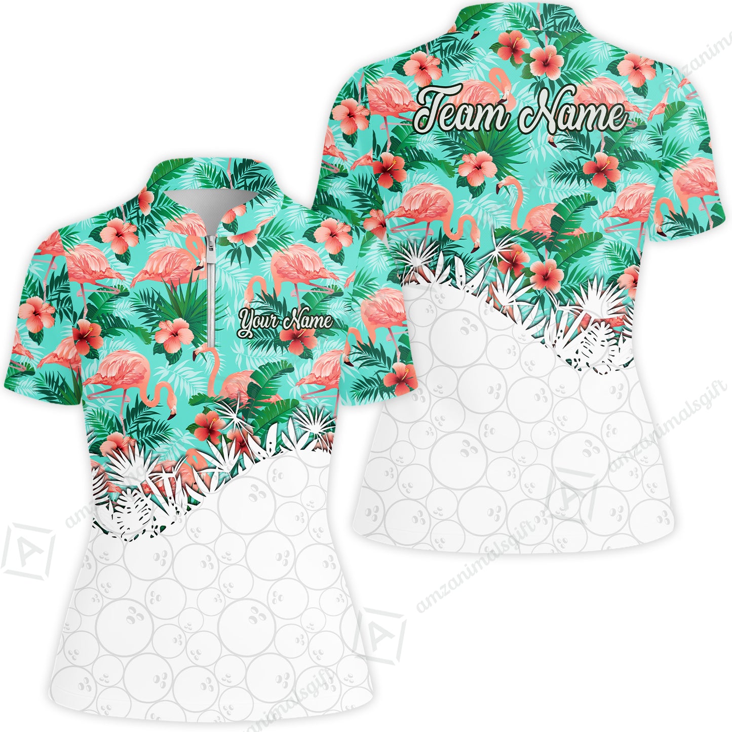 Custom Bowling Jersey Polo Shirt, Tropical Pink Flamingo Hawaiian, Custom Bowling Jersey Team Shirt For Players With Name & Team Name