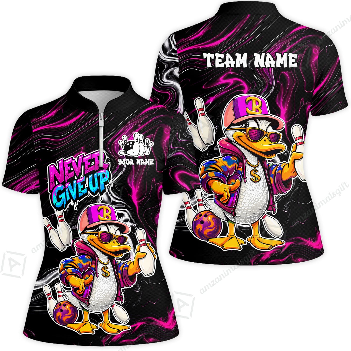 Custom Bowling Jersey Polo Shirt, Duck Never Give Up, Custom Bowling Jersey Team Shirt For Players With Name & Team Name