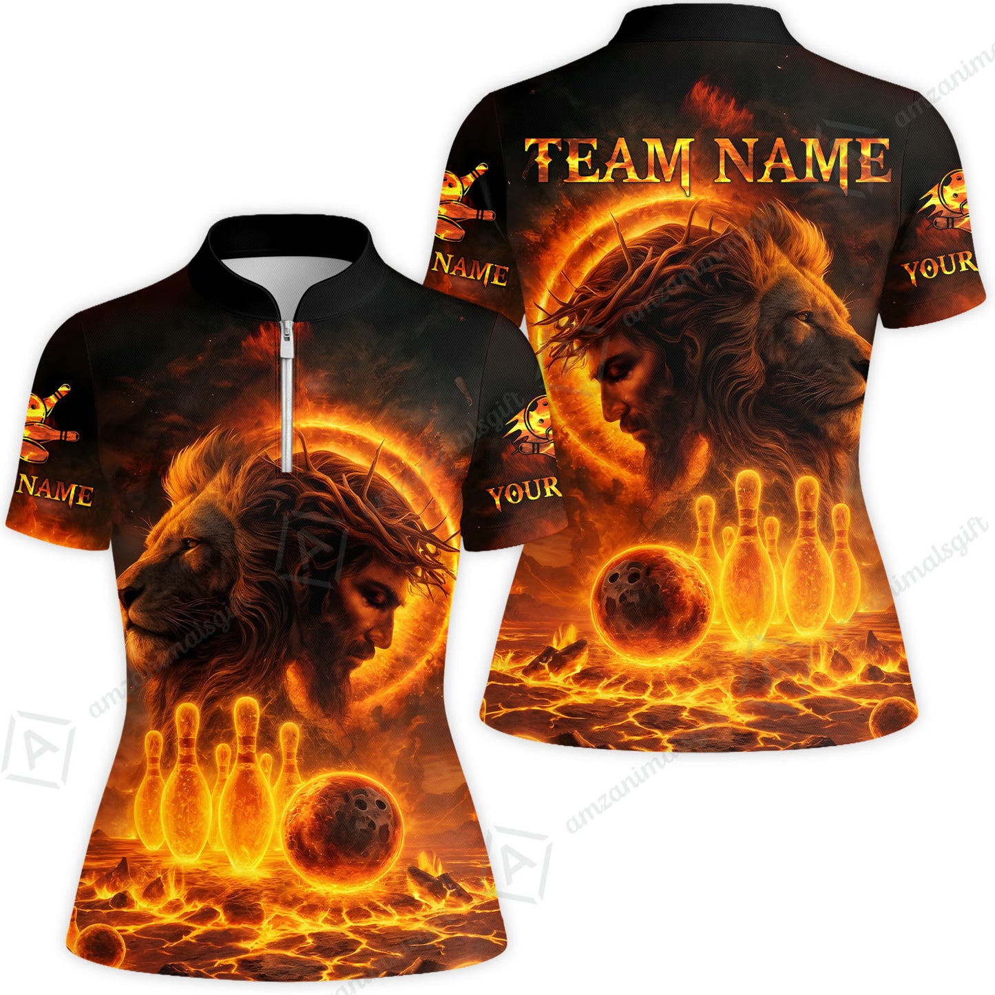 Custom Bowling Team Short Sleeve Men Polo Shirt, Flame The Lion OF Judah With Bowling, Custom Name and Team Name for Bowlers