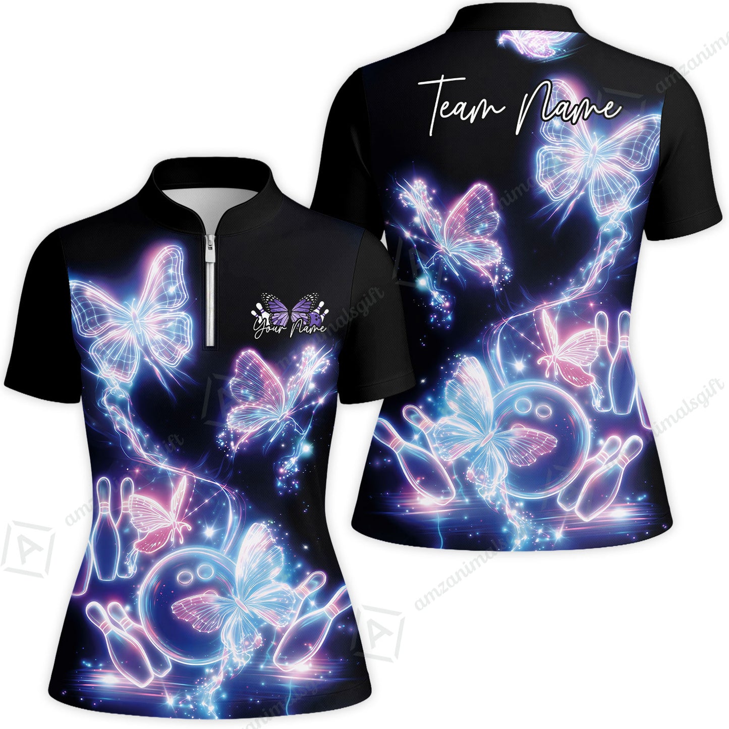 Custom Bowling Jersey Polo Shirt, Neon Electric Radiant Butterfly Glow, Custom Bowling Jersey Team Shirt For Players With Name & Team Name