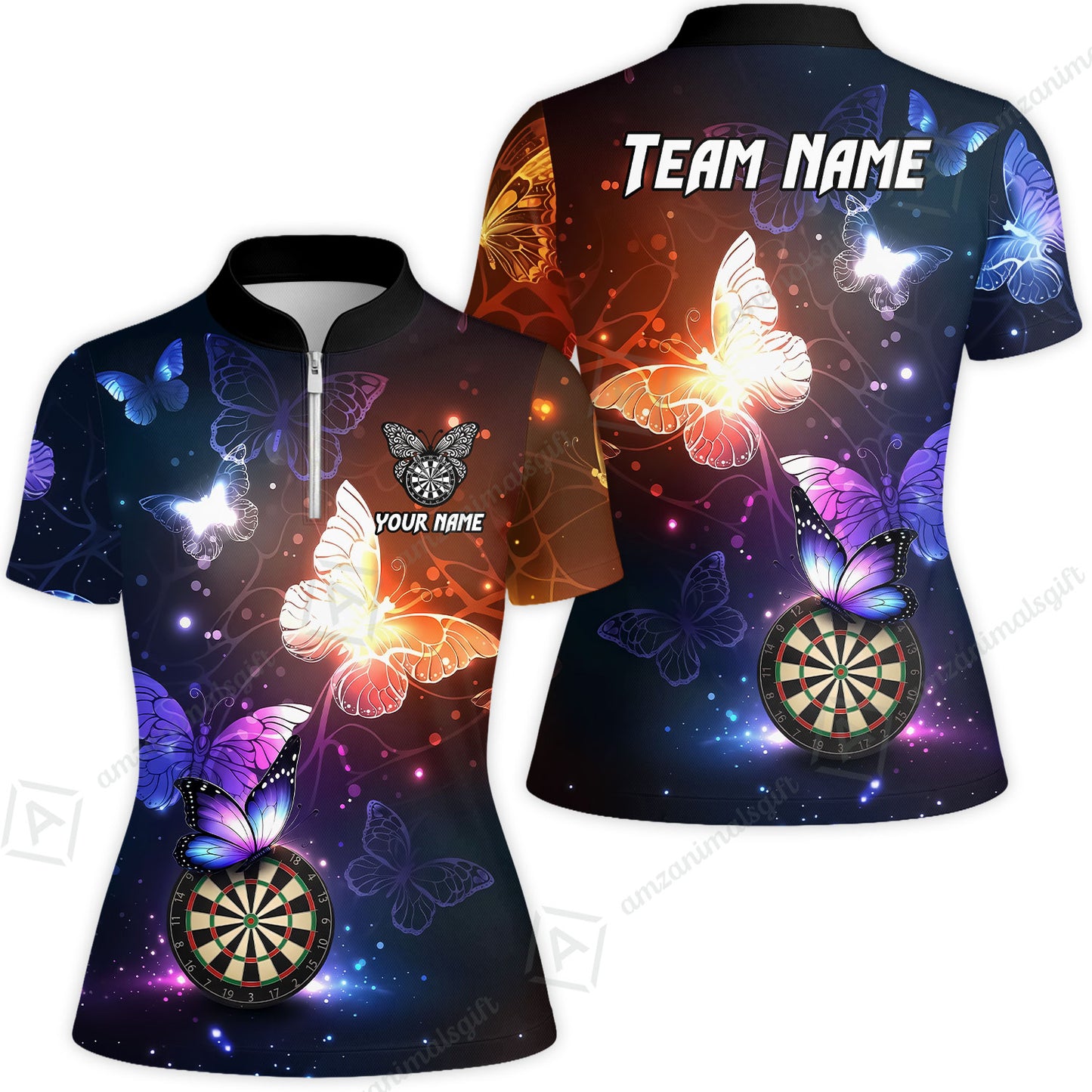 Custom Darts Jersey Polo Shirt, Butterfly Sparkle Darts, Custom Dart Jersey Team Shirt For Players With Name & Team Name