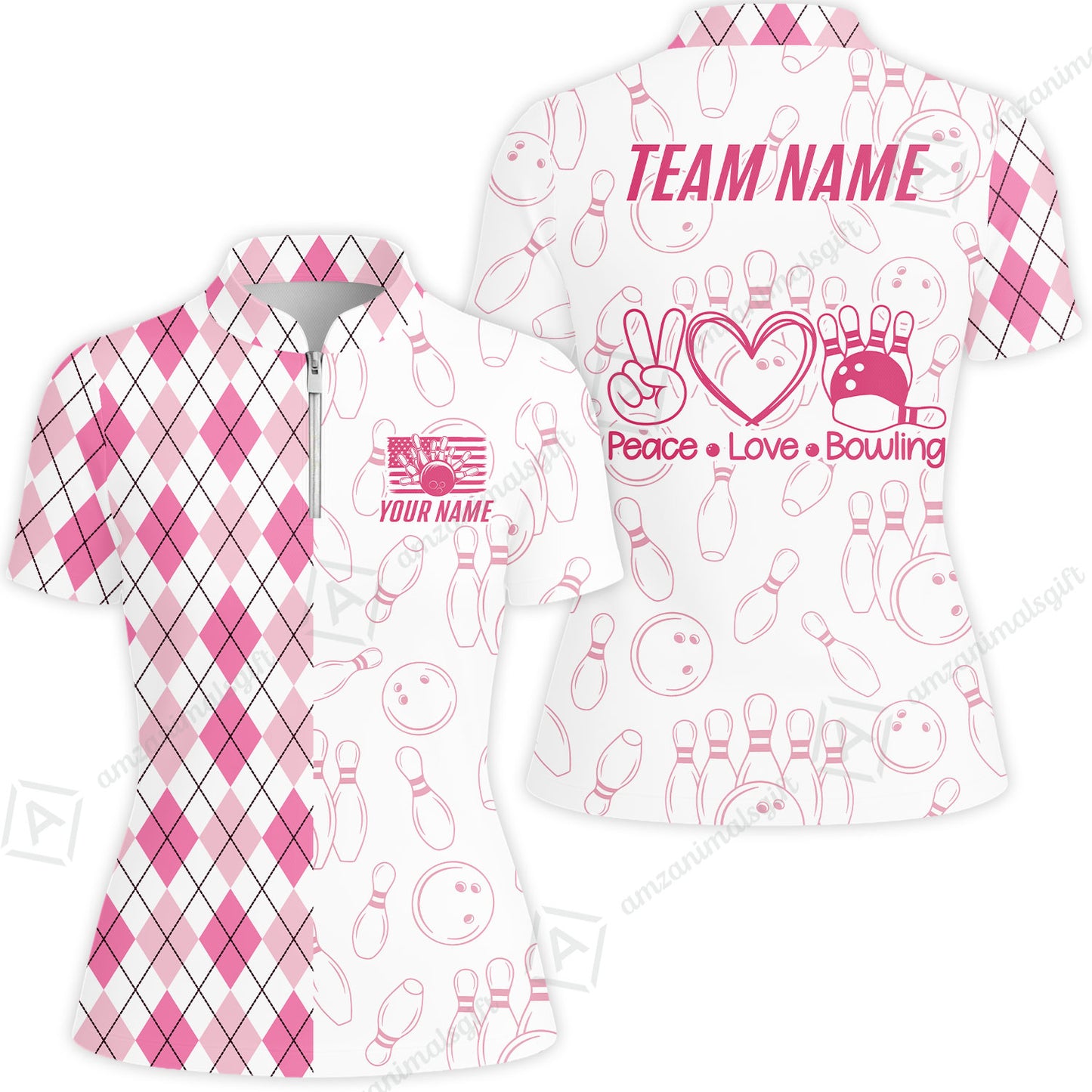 Custom Women Polo Shirt, Argyle Bowling Peace Love, Custom Bowling Women Polo Team Shirt For Players With Name & Team Name