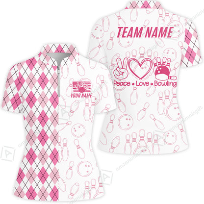 Custom Women Polo Shirt, Argyle Bowling Peace Love, Custom Bowling Women Polo Team Shirt For Players With Name & Team Name