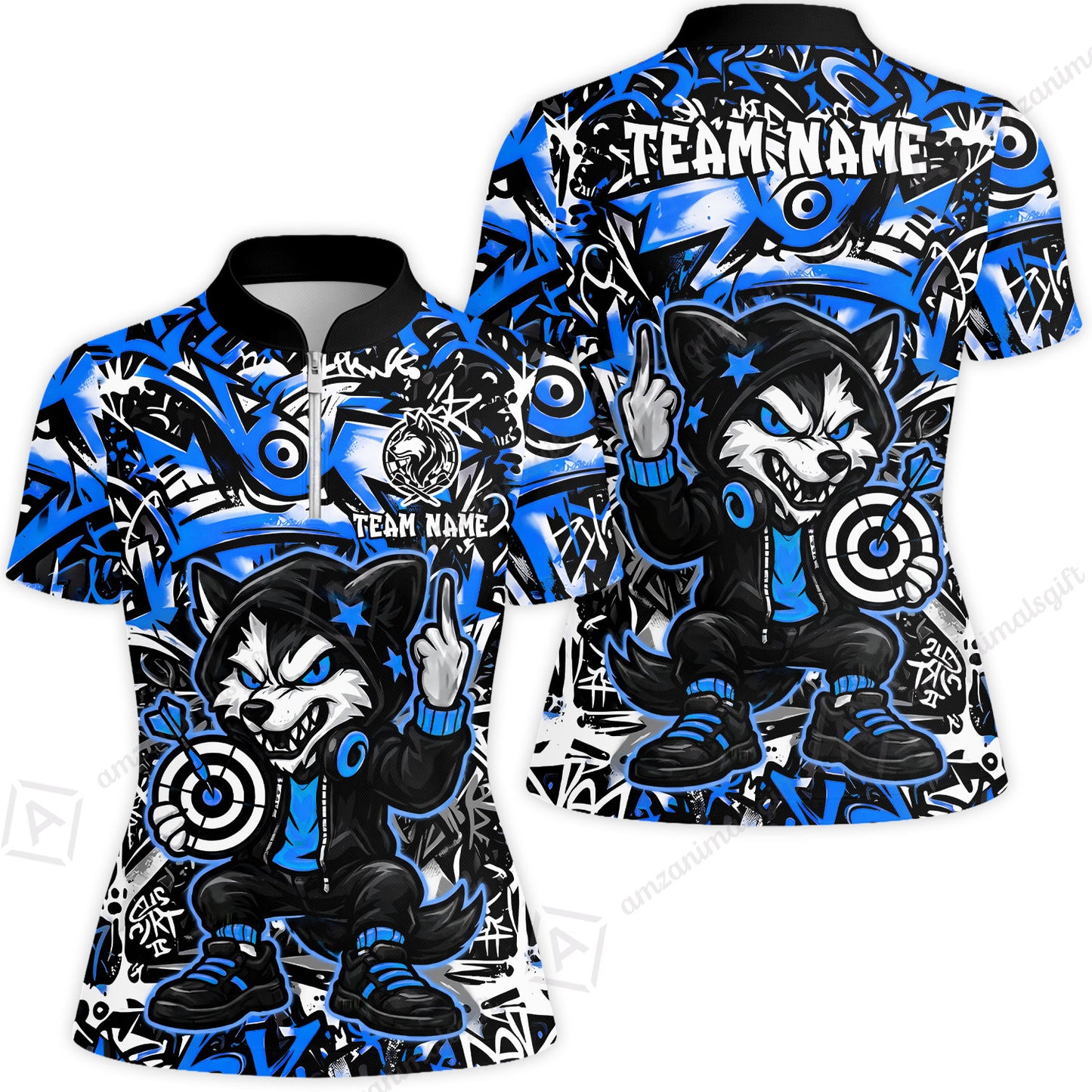Customized Darts Team Uniform Shirt, Cool Cartoon Wolf With Dartboard, Personalized Name And Team Name