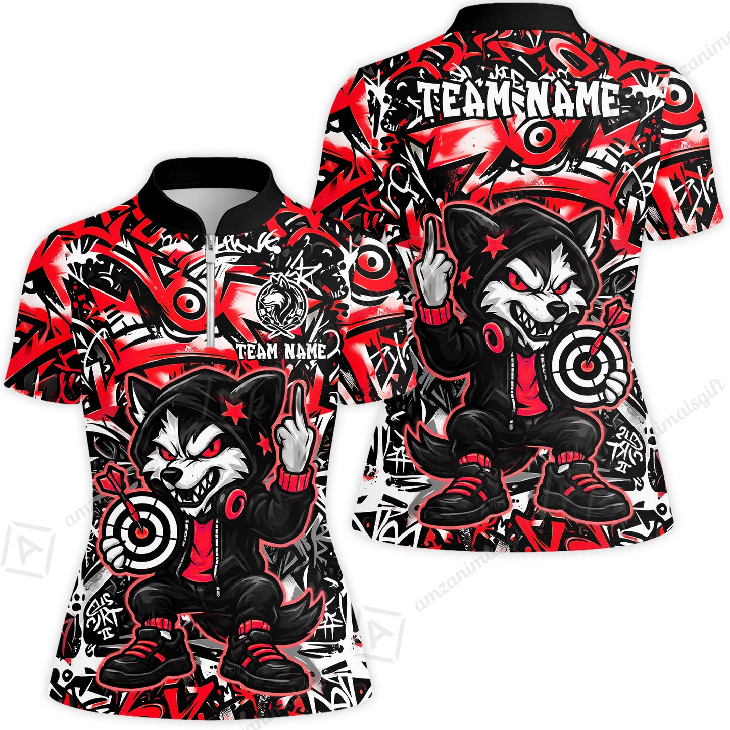 Customized Darts Team Uniform Shirt, Cool Cartoon Wolf With Dartboard, Personalized Name And Team Name