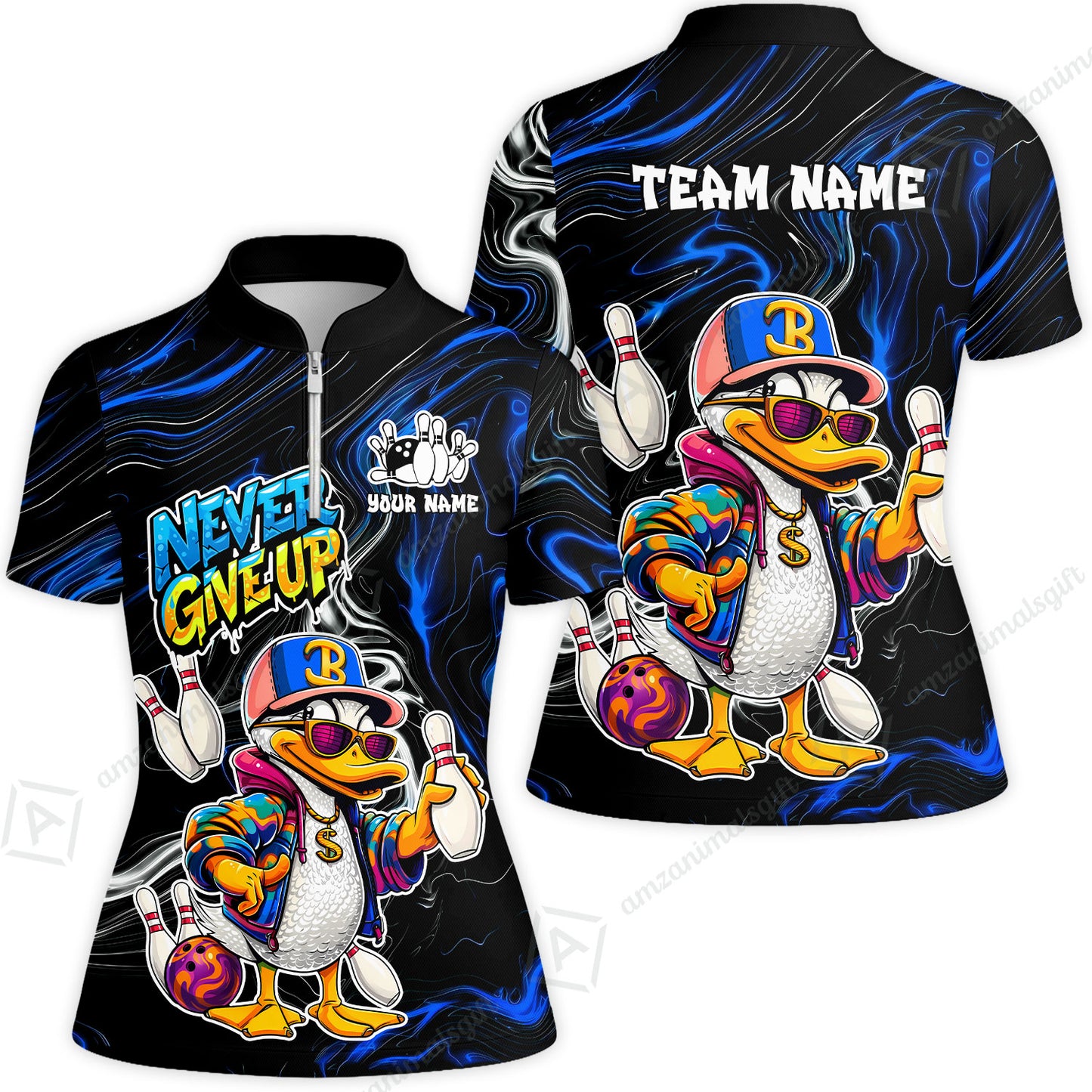 Custom Bowling Jersey Polo Shirt, Duck Never Give Up, Custom Bowling Jersey Team Shirt For Players With Name & Team Name