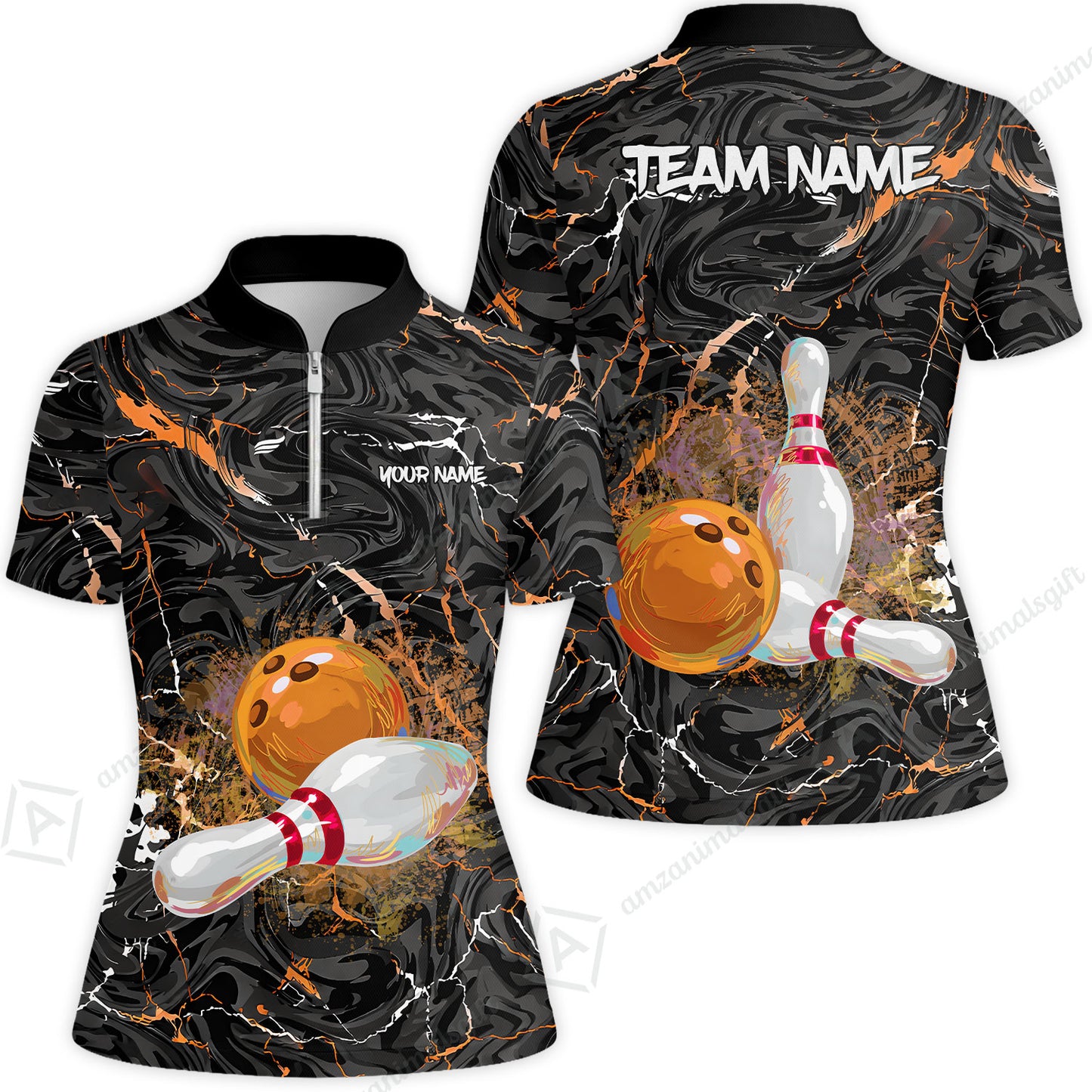 Customized Bowling Unisex Polo Shirt, Swirling Marbled Pattern Vibrant Veins, Bowling Uniforms, Personalized Name And Team Name