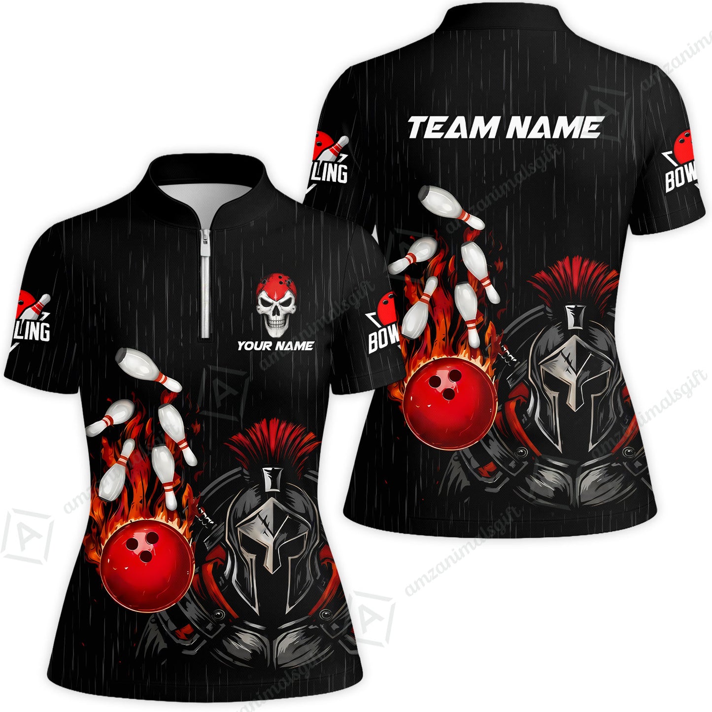 Custom Bowling Jersey Polo Shirt, Fire Bowling Knight Rain Skull Logo, Personalize Name & Team Name
