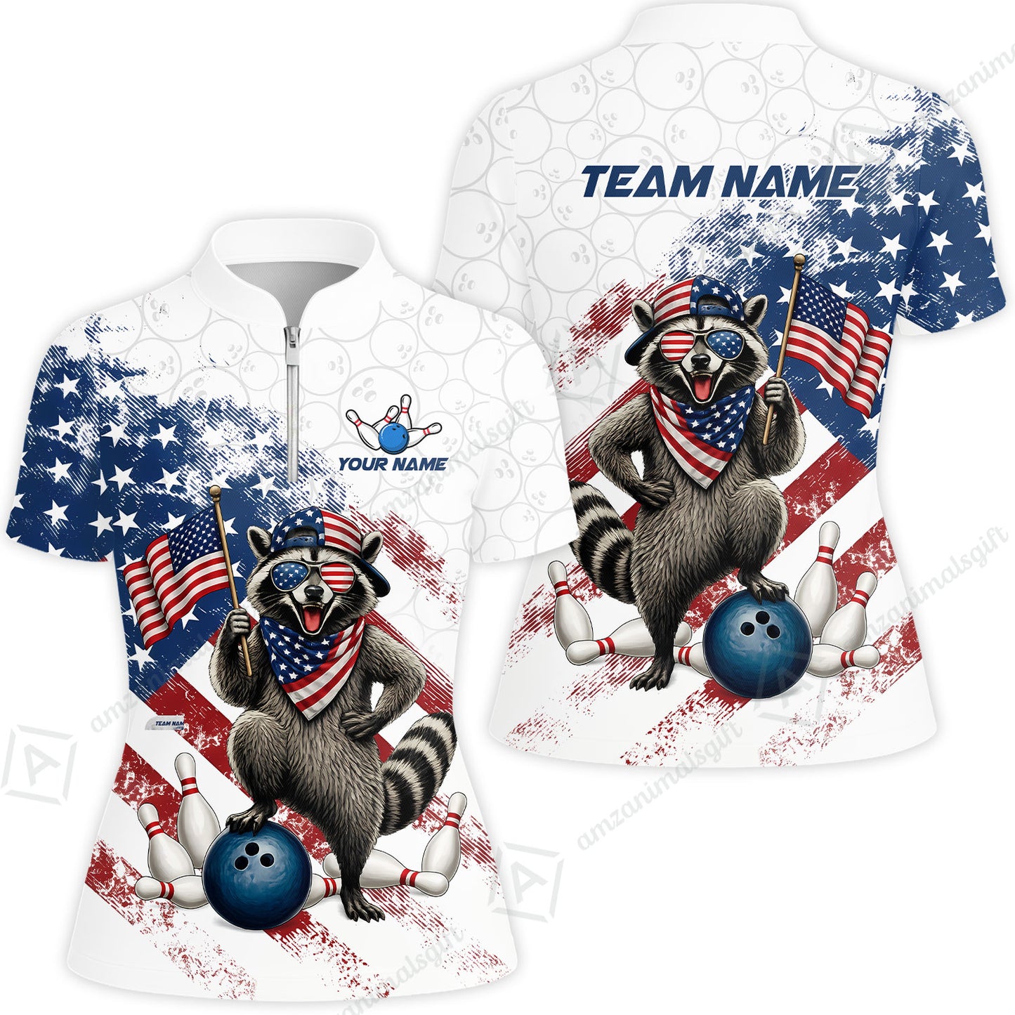 Custom Bowling Jersey Polo Shirt, Racoon America Flag Bowling Pattern, Personalize Name and Team Name