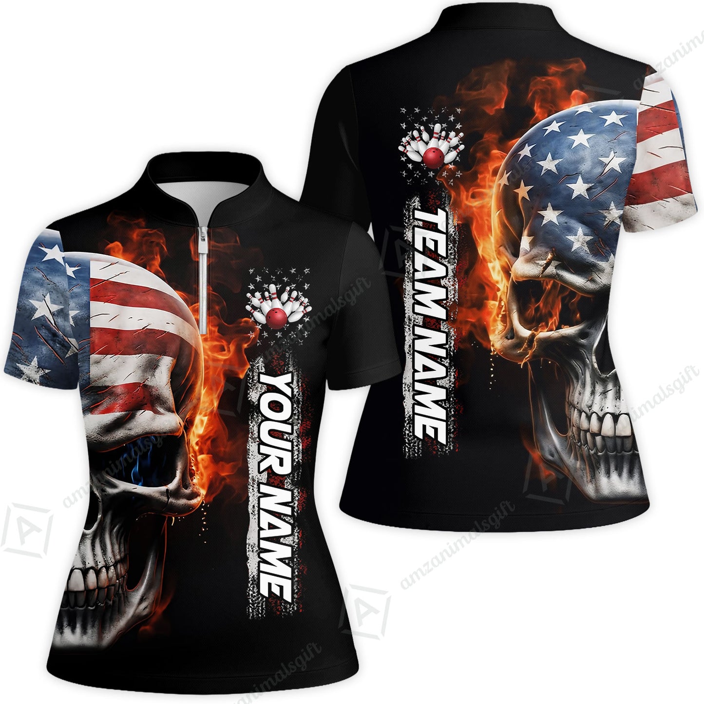 Custom Flaming USA Flag Bowling Jersey Polo Shirt, Custom Flaming USA Flag Bowling Jersey Team Shirt For Players With Name & Team Name