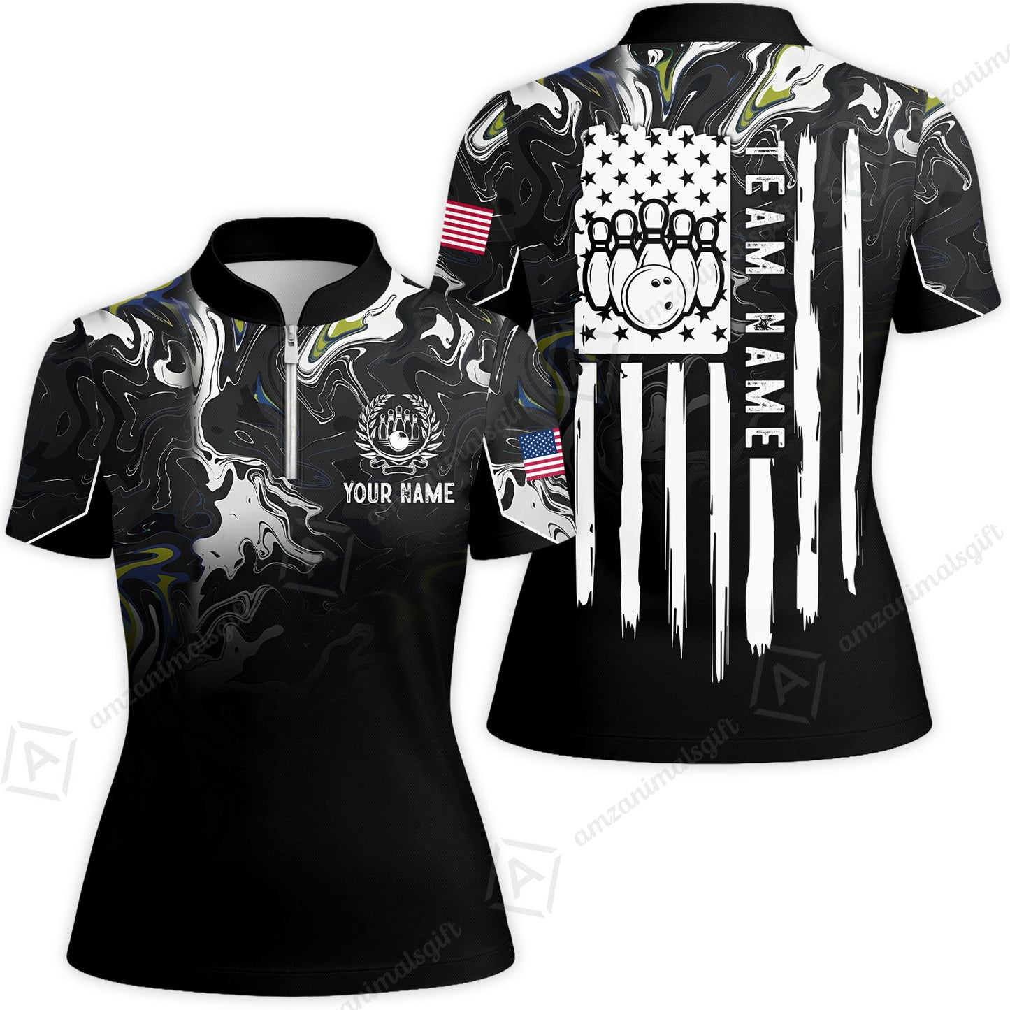 Custom Bowling Jersey Polo Shirt, Monochrome Fluid Marble Patriotic Flag, Custom Bowling Jersey Team Shirt For Players With Name and Team Name