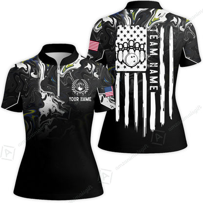 Custom Bowling Jersey Polo Shirt, Monochrome Fluid Marble Patriotic Flag, Custom Bowling Jersey Team Shirt For Players With Name and Team Name