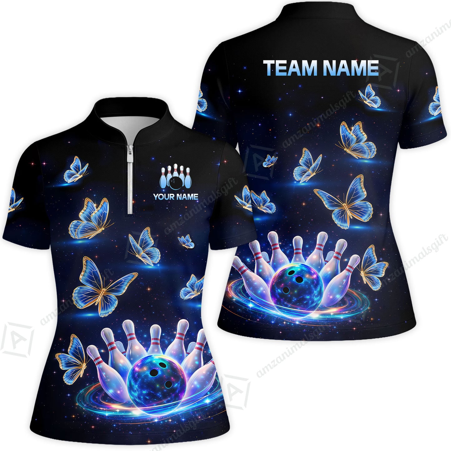 Custom Bowling Jersey Polo Shirt, Bowling Butterfly Galaxy Neon Light, Personalized Name And Team Name
