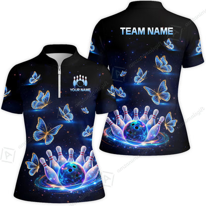Custom Bowling Jersey Polo Shirt, Bowling Butterfly Galaxy Neon Light, Personalized Name And Team Name