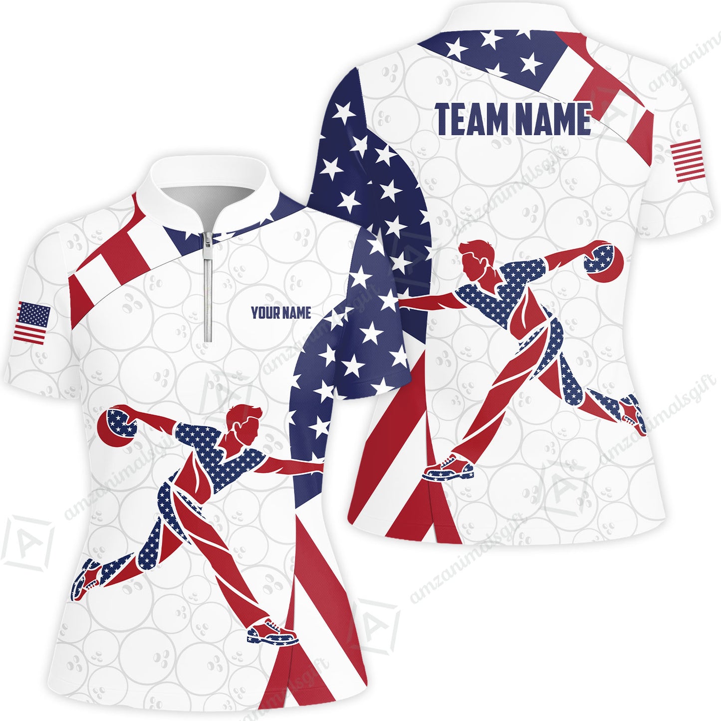 Custom Bowling Jersey Polo Shirt, Patriotic Bowler Silhouette Stars and Stripes, Custom Bowling Jersey Team Shirt For Players With Name and Team Name