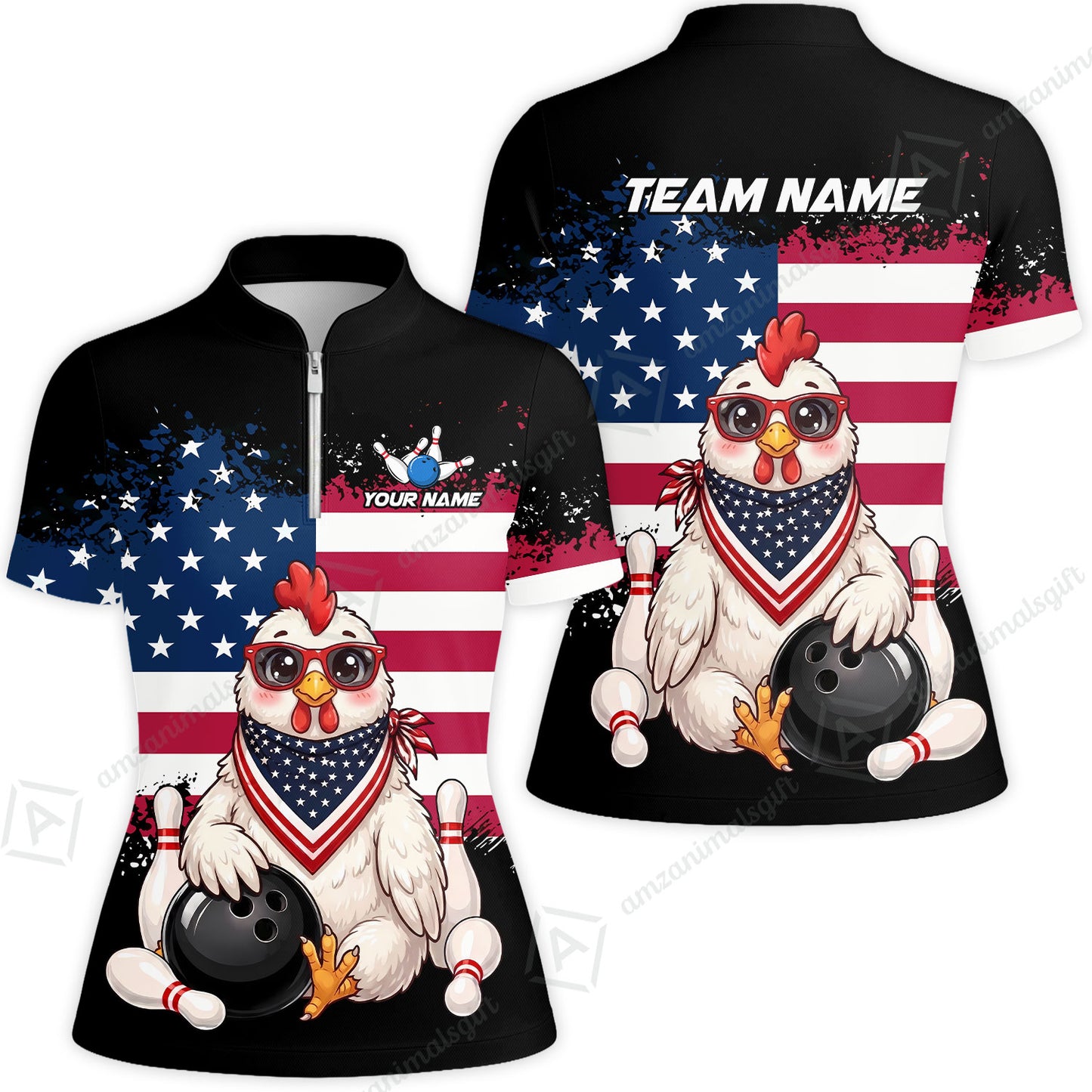 Custom Bowling Jersey Polo Shirt, Animal With Glasses And Bandana America Flag, Personalize Name & Team Name