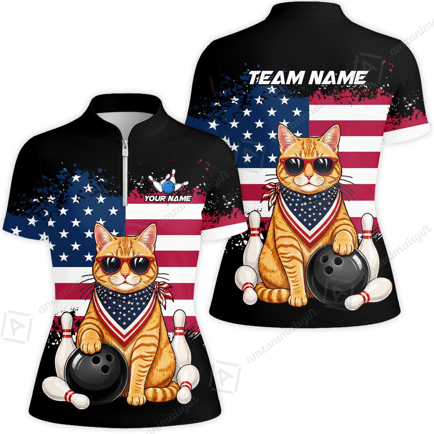 Custom Bowling Jersey Polo Shirt, Animal With Glasses And Bandana America Flag, Personalize Name & Team Name