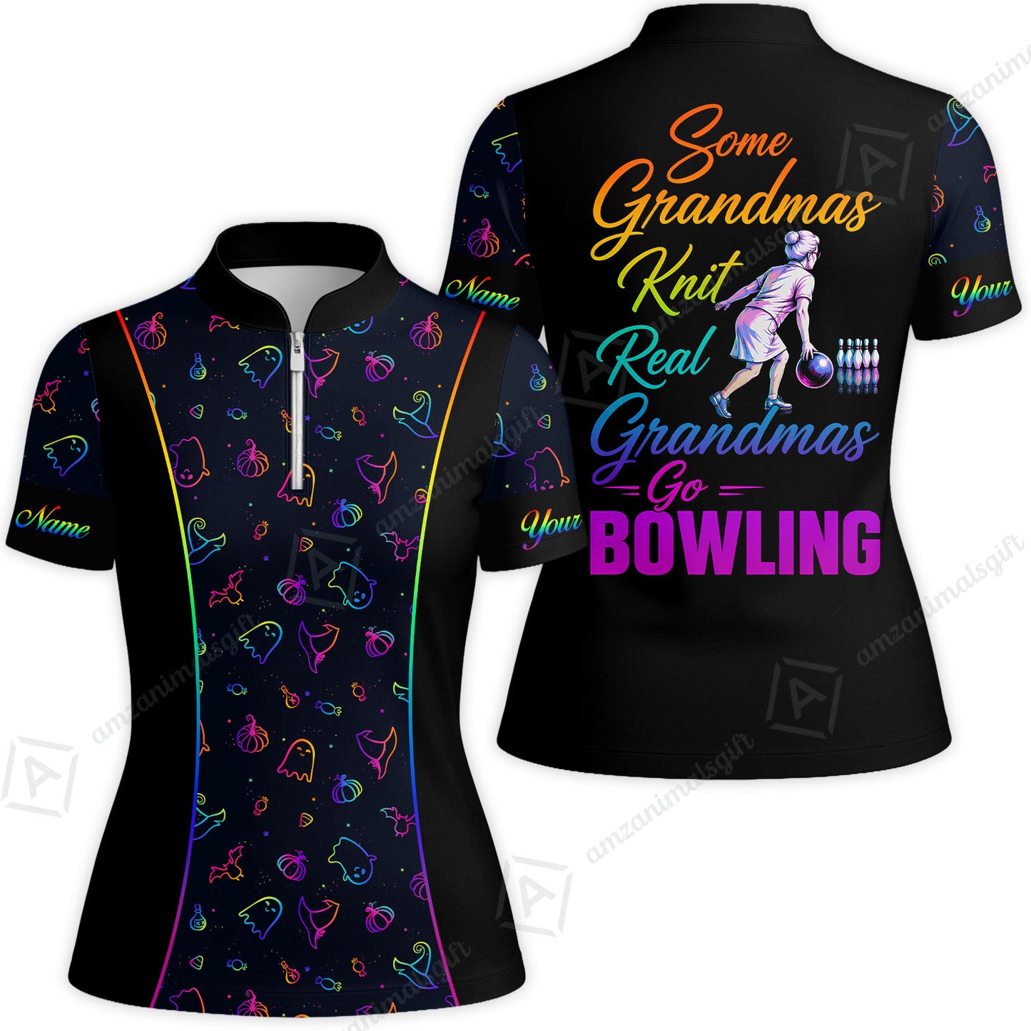 Custom Bowling Jersey Polo Shirt, Some Grandmas Bowl Real Grandmas Play Bowling Halloween Rainbow Pattern, Personalized Name And Team Name