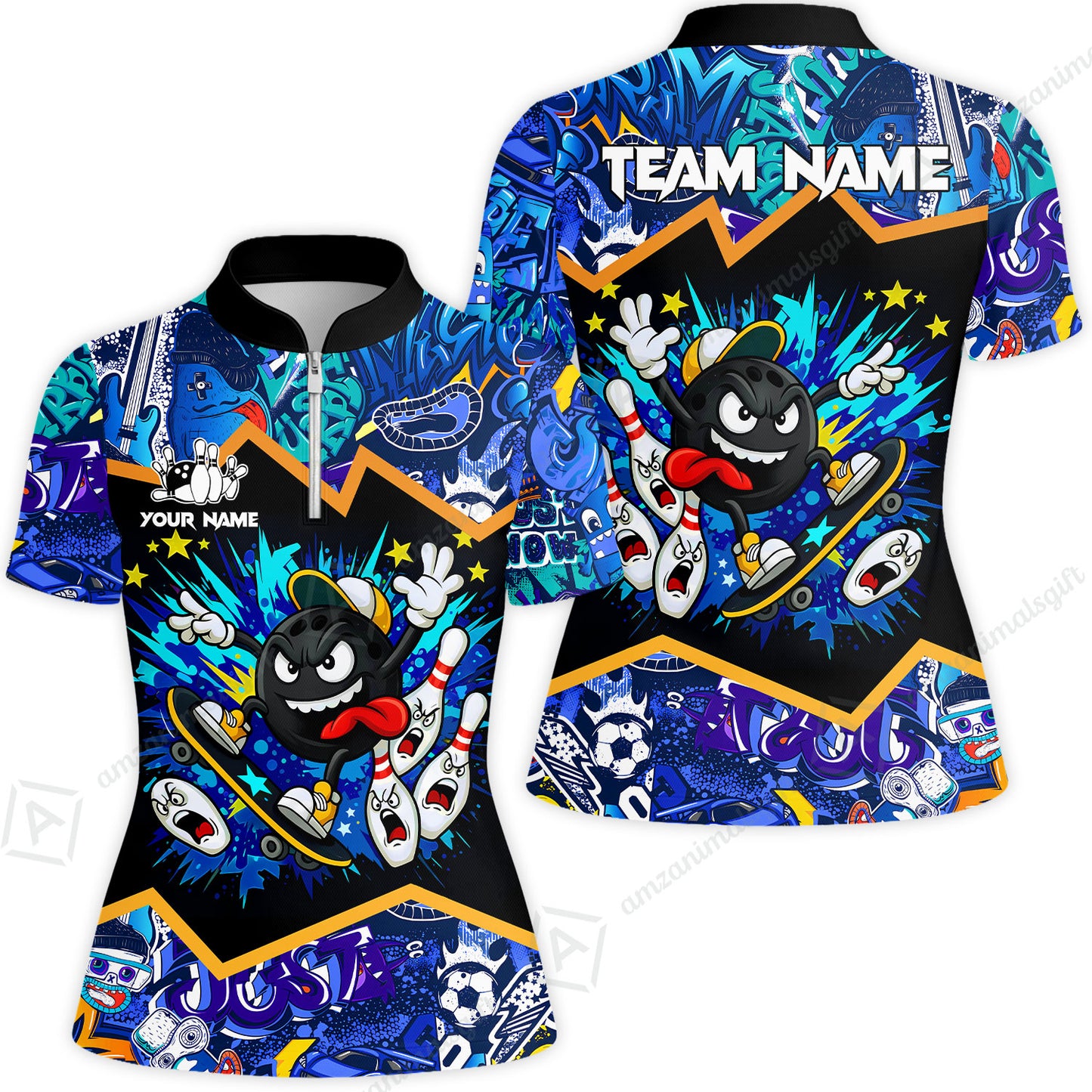 Customized Bowling Unisex Polo Shirt, Skater Bowling Ball Attack, Bowling Uniform, Personalized Name And Team Name