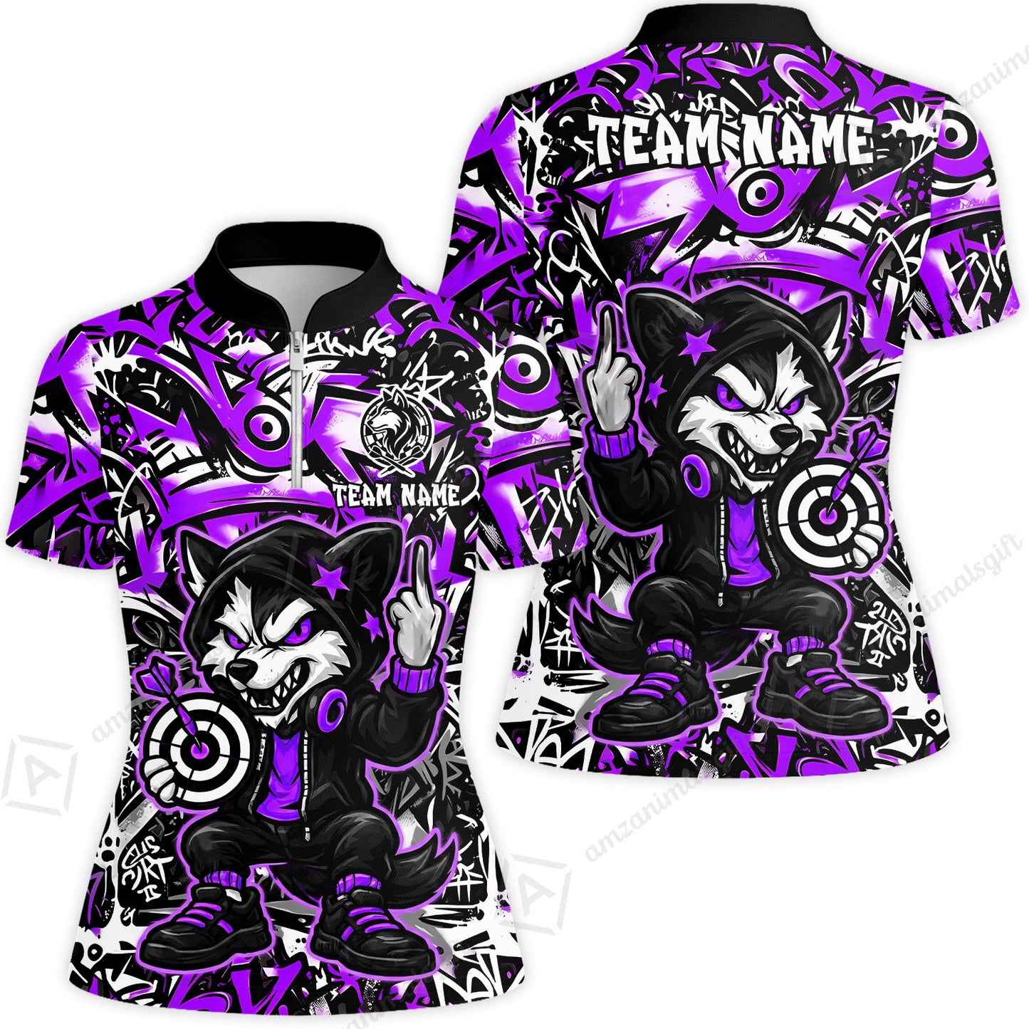 Customized Darts Team Uniform Shirt, Cool Cartoon Wolf With Dartboard, Personalized Name And Team Name