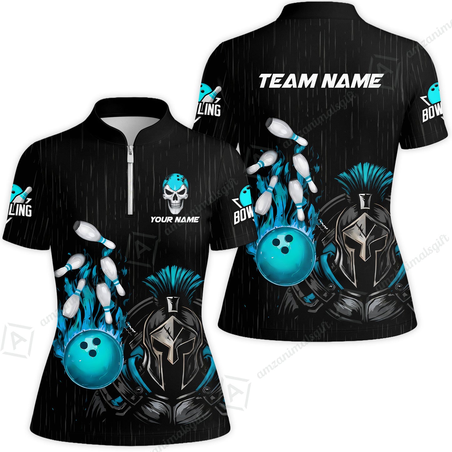 Custom Bowling Jersey Polo Shirt, Fire Bowling Knight Rain Skull Logo, Personalize Name & Team Name