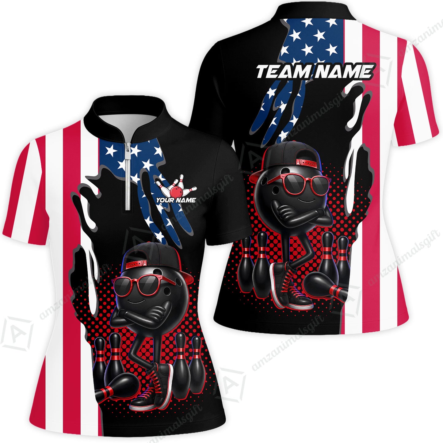 Custom Bowling Jersey Polo Shirt, Cool Hip Hop Patriotic Ball Mascot, Custom Bowling Jersey Team Shirt For Players With Name and Team Name