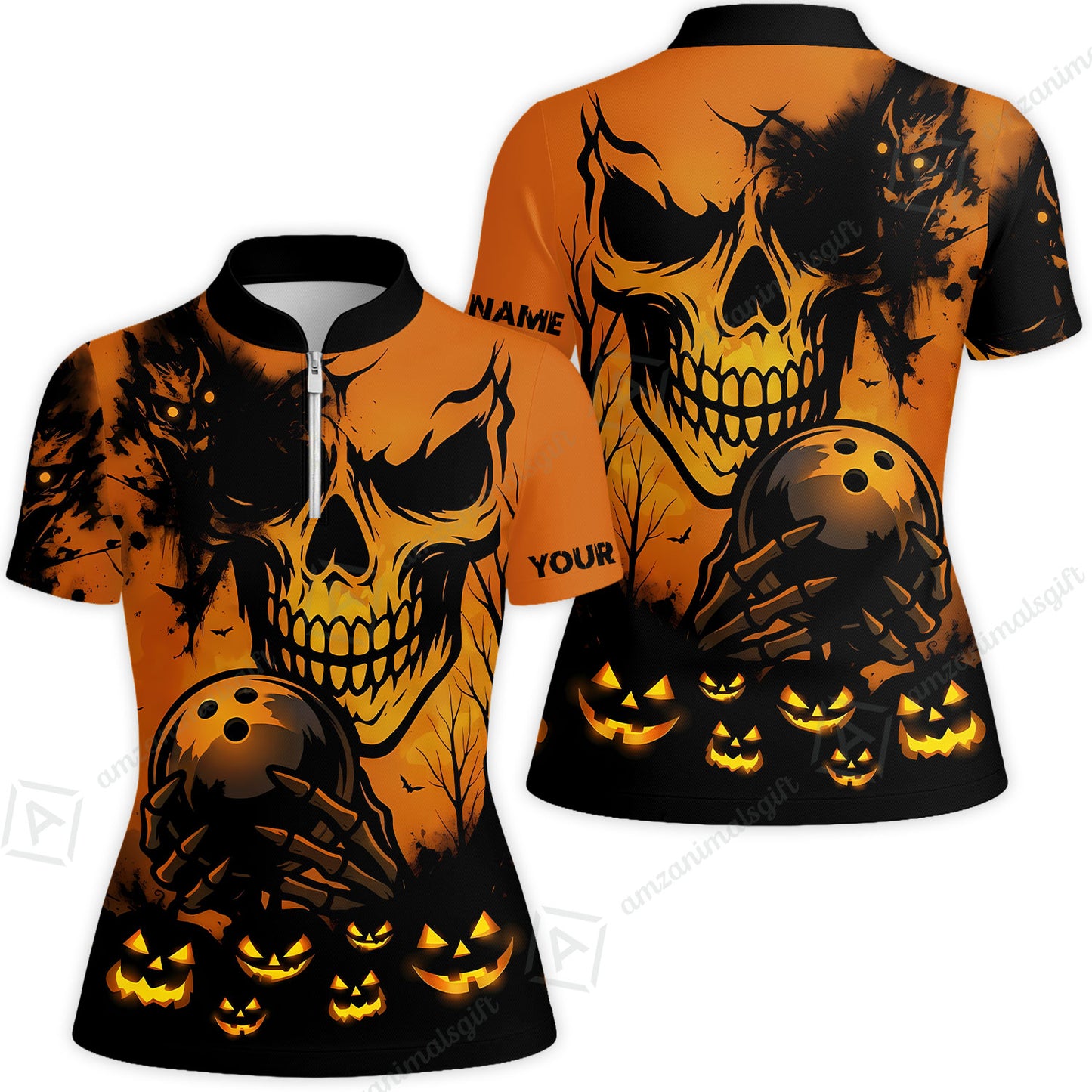 Custom Bowling Jersey Polo Shirt, Pumpkins Skull Halloween, Custom Bowling Jersey Team Shirt For Players With Name & Team Name
