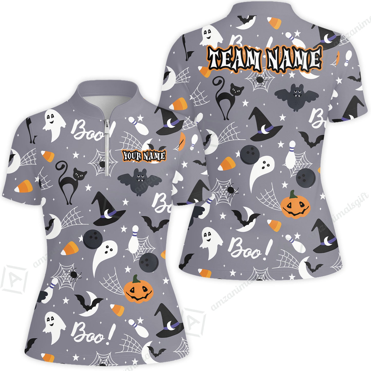 Customized Bowling Shirt, Halloween Pattern Bowling And Pin Boo Cat Ghost Bat Pumpkin, Personalized Polo Shirt For Players With Name & Team Name