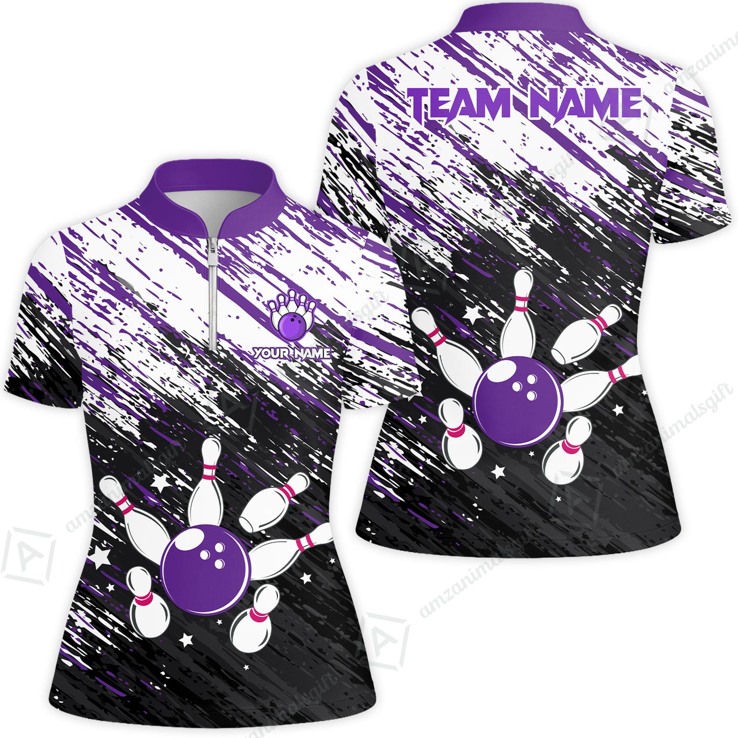 Customized Bowling Unisex Polo Shirt, Floral Pattern Black Purple Brush Wrap Abstract, Personalized Name Team Name