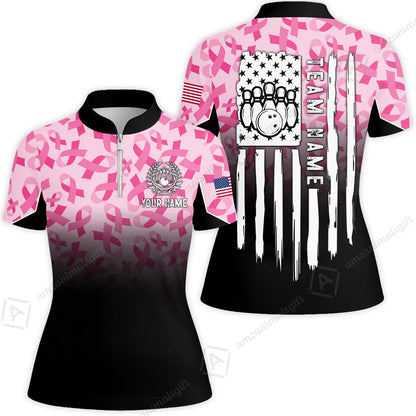 Custom Bowling Jersey Polo Shirt, Ribbon Breast Cancer Awareness Flag, Custom Bowling Jersey Team Shirt For Players With Name and Team Name